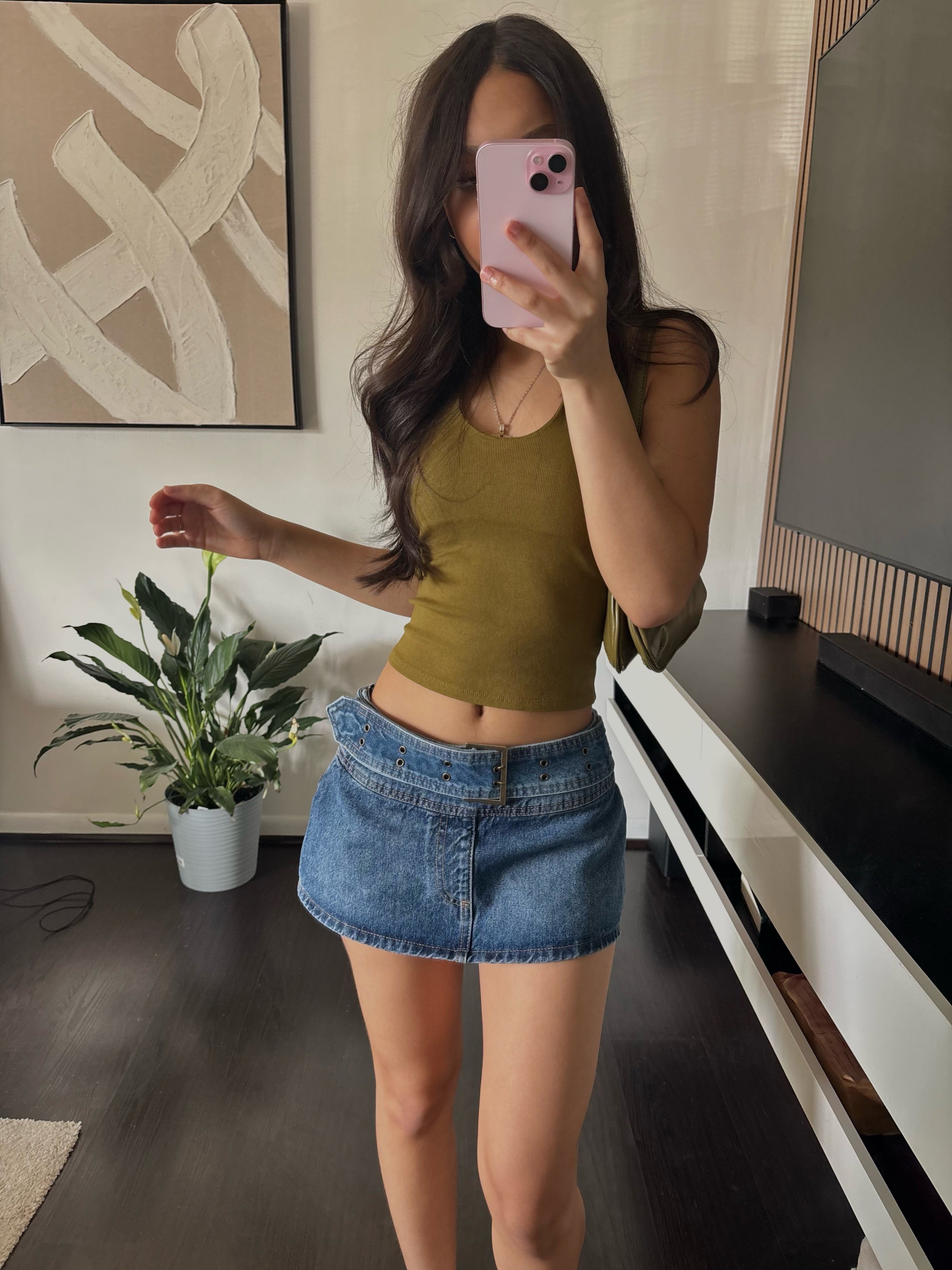 low rise jean mini skirt